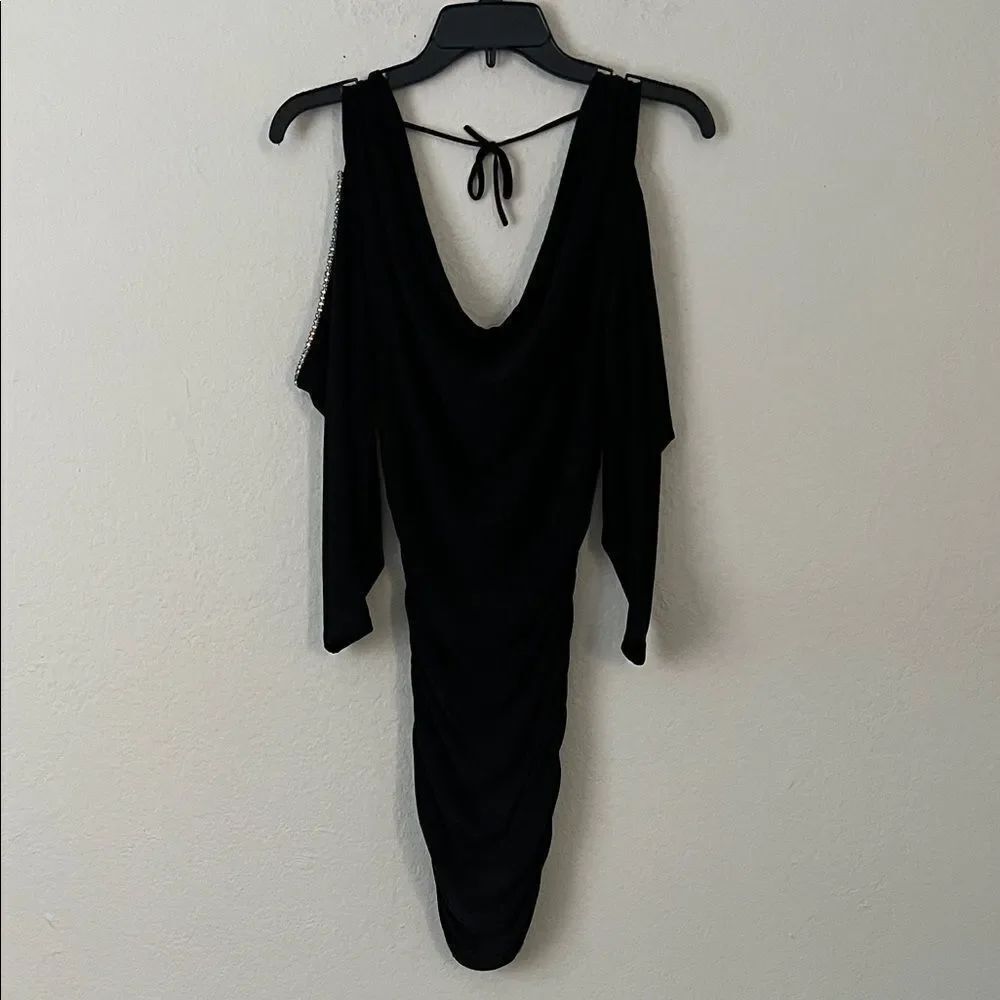 Symphony Black Cold Shoulder Body Con Dress with Gems on Sleeves in Size S